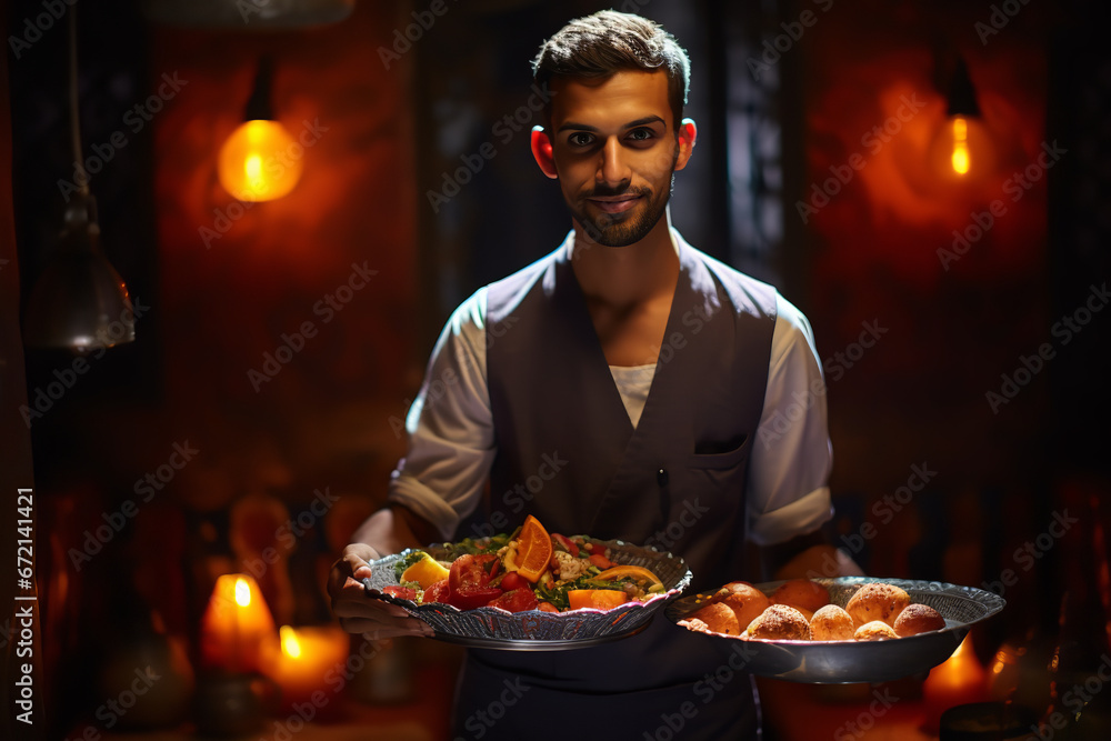 Transport yourself to an alluring Moroccan eatery, where a server holds forth a tray loaded with spiced delicacies, amidst an ambiance of glowing lanterns casting intricate shadows and vibrant textile - obrazy, fototapety, plakaty 