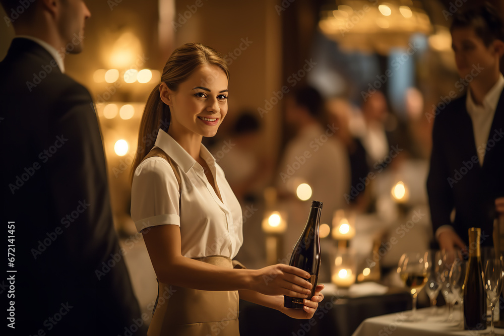 Dive into an upscale dining atmosphere where an attentive server, dressed in a spotless uniform, gracefully presents a selected wine to awaiting guests, all under the soft glows of ambient lighting.