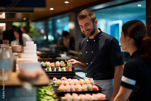 Step up to an intimate sushi bar setting where a knowledgeable server passionately describes a sushi dish to curious customers, with an enticing display of vibrant sushi rolls before them. photo