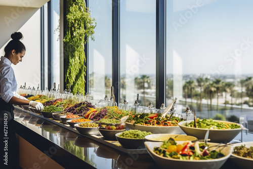 Experience the freshness of a modern vegan café, as a server showcases a platter of vibrant salads, all set within a space defined by minimalist interiors and sweeping city views through large windows