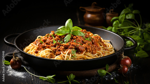 Traditional Italian spaghetti Bolognese with rich