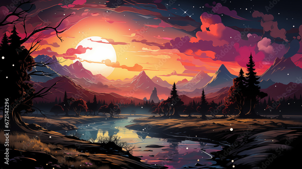 Surreal Neon-Inspired Landscape with Glowing Trees and Starry Sky. A Vibrant, Fantasy World of Modern Artistry. Ideal for Creative Projects and Imaginative Concepts , Ai generative
