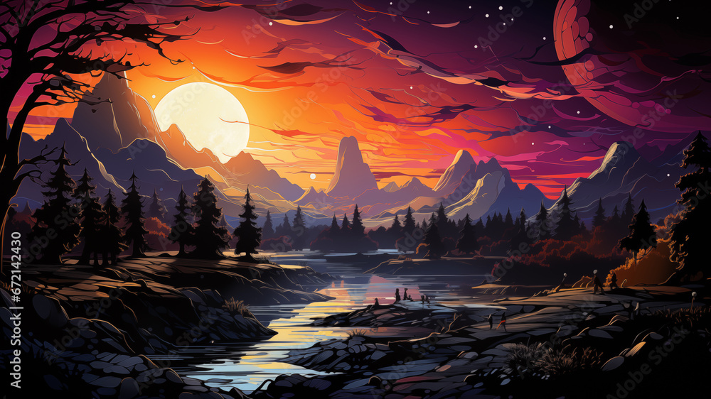 Surreal Neon-Inspired Landscape with Glowing Trees and Starry Sky. A Vibrant, Fantasy World of Modern Artistry. Ideal for Creative Projects and Imaginative Concepts , Ai generative
