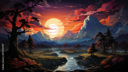Surreal Neon-Inspired Landscape with Glowing Trees and Starry Sky. A Vibrant  Fantasy World of Modern Artistry. Ideal for Creative Projects and Imaginative Concepts   Ai generative 