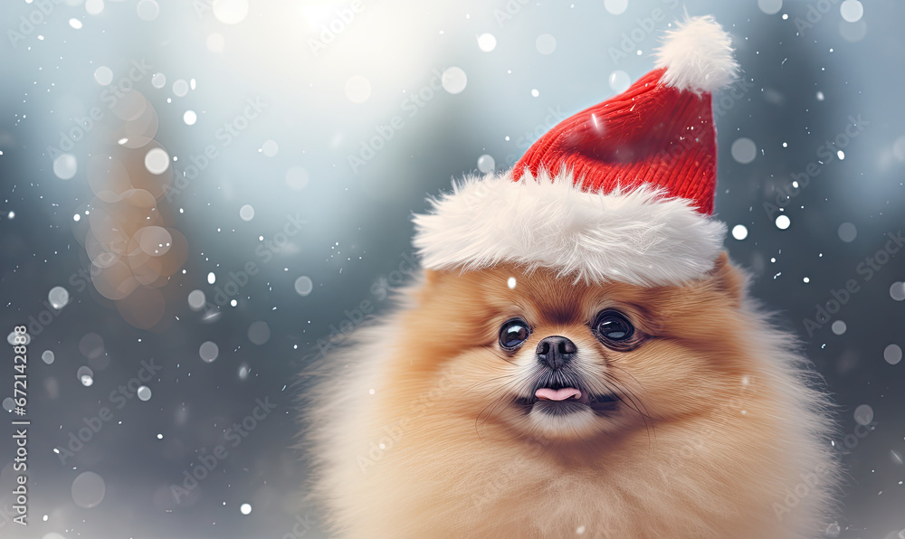 Christmas pomeranian dog in the snow Christmas pomeranian dog in the snow