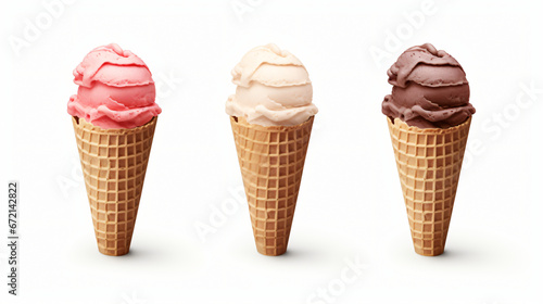 Triple scoop ice cream cone isolated on a white background