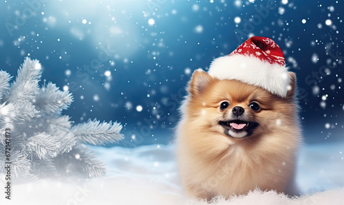 Christmas  pomeranian dog in the snow © reddish