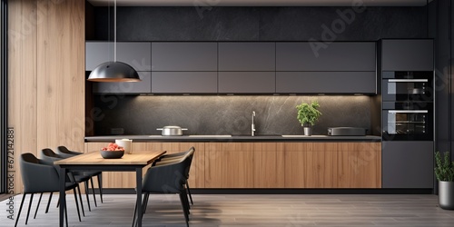 A modern kitchen with wooden and black elements, stylish table, and a pendant light above it.