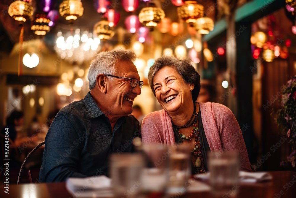 An elderly Caucasian man and a middle-aged woman laughing and smiling in a cafe with colorful lamps. An elderly Caucasian man and a middle-aged woman laughing and smiling in a cafe with colorful lamps.