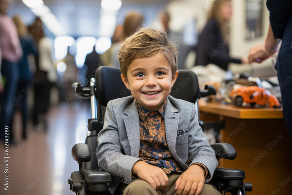 Cheerful child with a disability in a wheelchair in class. Cheerful child with a disability in a wheelchair in class.