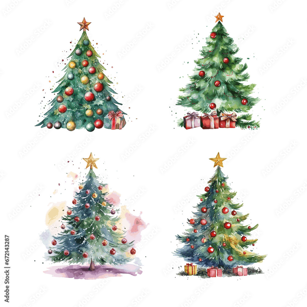 Christmas green tree with decor and gift boxes for decoration greeting card watercolor paint on white background Christmas green tree with decor and gift boxes for decoration greeting card watercolor paint on white background