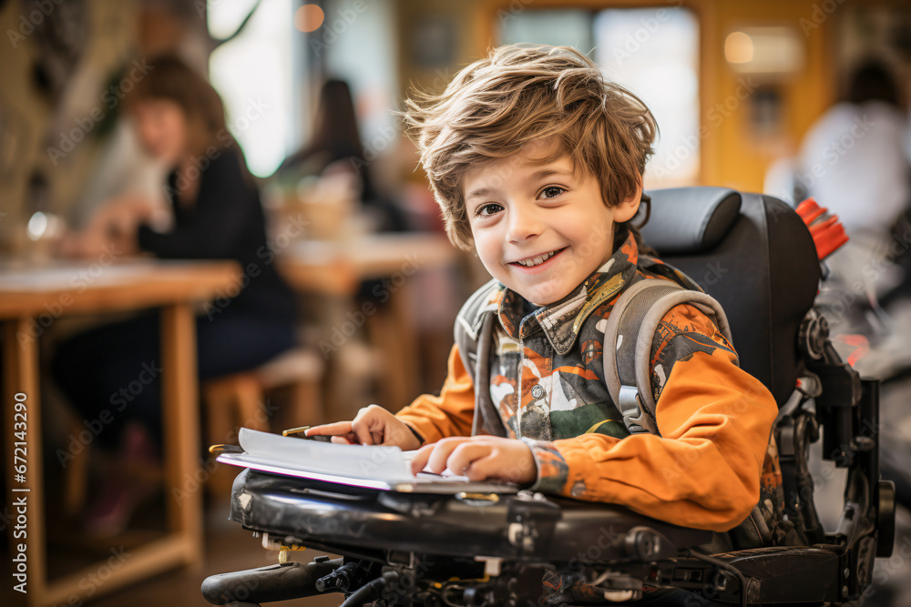 Cheerful child with a disability in a wheelchair in class. Cheerful child with a disability in a wheelchair in class.