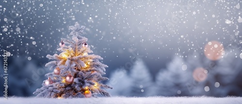 Snowy Christmas tree with garland lights on blurred winter background. Festive holiday widescreen backdrop for new year celebration. © Ameer