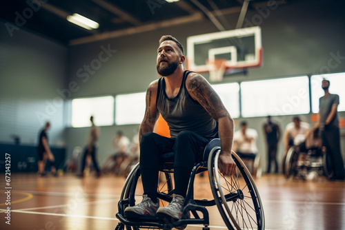 Young man playing a game of wheelchair basketball. photo