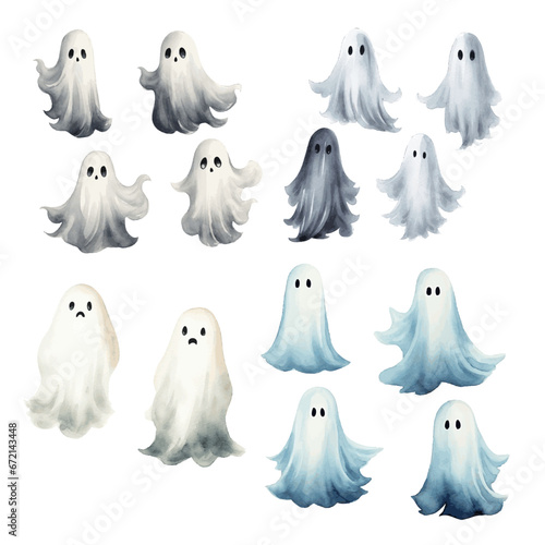 Halloween ghost spirit decor card greeting watercolor paint on white background photo