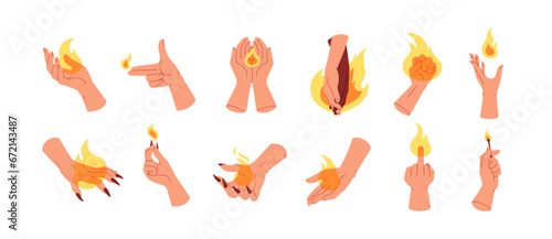 Hands with fire set. Holding burning flame, match, glowing blaze, light energy, evil power. Heat, hot passion, aggression gestures. Concept flat vector illustrations isolated on white background