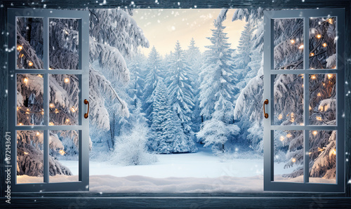 snow covered window, beautiful landscape winter view out of a window  © reddish