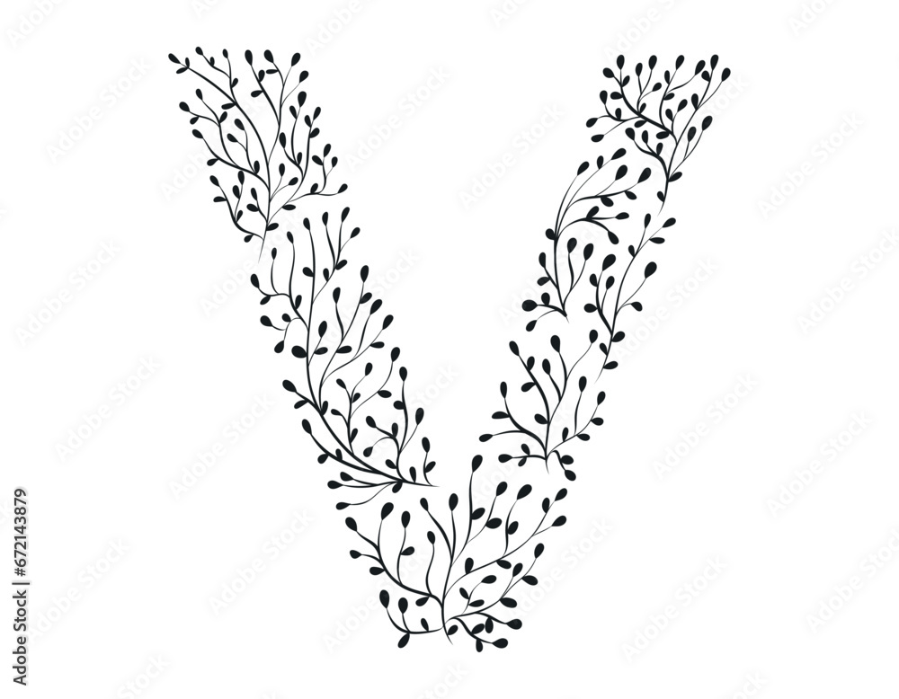 Botanical decorative illustration, doodle twig with leaves. Capital letter V of the Latin alphabet. Botanical decorative illustration, doodle twig with leaves. Capital letter V of the Latin alphabet.