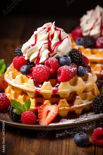 A plate of Belgian waffles with ice cream and fresh berries. Generative AI