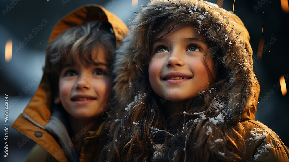 Portrait of a boy and a girl in a warm jacket. Portrait of a boy and a girl in a warm jacket.