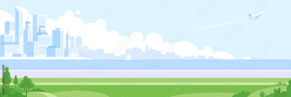 Daytime cityscape background. Monochrome urban landscape with clouds in the sky. Buildings and bridge at city view. Concept city and suburban life. Modern architectural flat style vector illustration