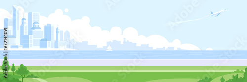 Daytime cityscape background. Monochrome urban landscape with clouds in the sky. Buildings and bridge at city view. Concept city and suburban life. Modern architectural flat style vector illustration