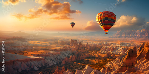 hot air balloon,A picture of a landscape with hot air balloons flying over the mountains,Kapadokya with flying air balloons, Illustration 