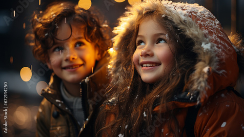 Two adorable little sisters having fun on the street in winter at night.