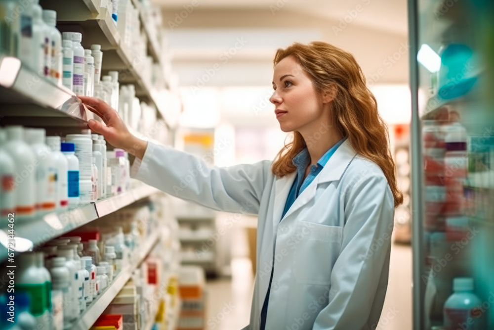 Photo of a professional pharmacist checking stock in an aisle of a local drugstore. Photo of a professional pharmacist checking stock in an aisle of a local drugstore.
