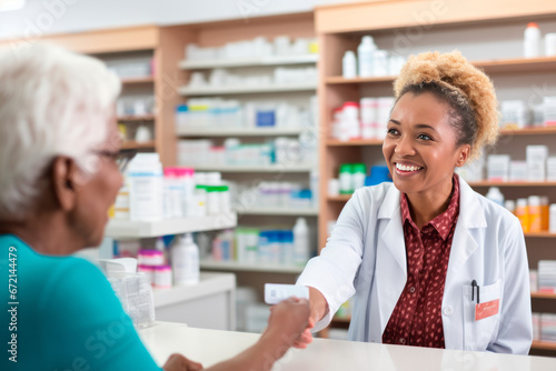 Elderly lady buys medication in the pharmacy