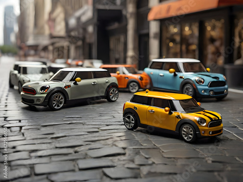 mini cars and exploring bustling city scape 