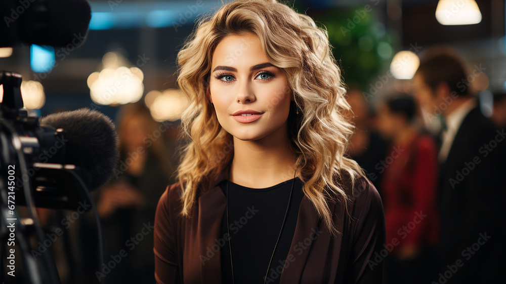Beautiful blonde woman with curly hairstyle and makeup in the studio.