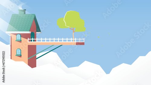 Vector Flat House Above the Clouds Illustration