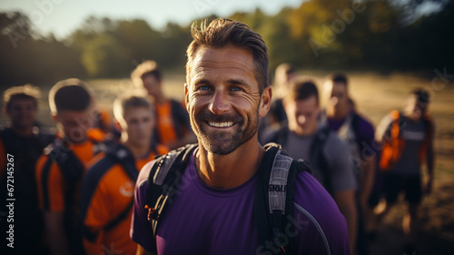 Portrait of a smiling man with friends in the background at a hiking trail © D-stock photo