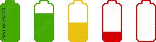 Full or High or Empty Low Battery Power Load Charging Green Yellow and Red Symbol Sign Icon Set. Vector Image.