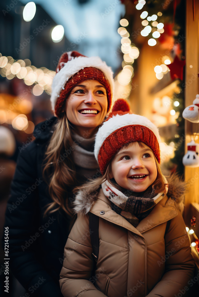 Happy family walking through the Christmas market by Generative AI Happy family walking through the Christmas market by Generative AI