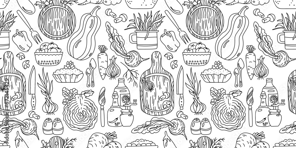 Seamless pattern with vegetables and kitchen utensils. Vector illustration on transparent background
