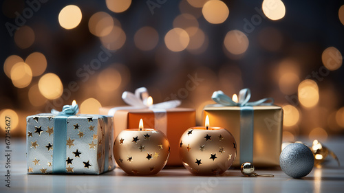 Christmas decoration with burning candles and gifts on bokeh background.