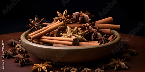 Wooden Bowl with Spices and Sticks on Black Surface