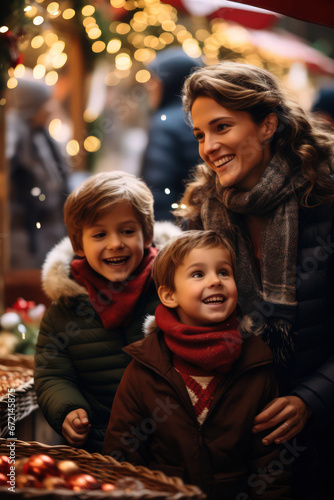 Happy family walking through the Christmas market by Generative AI