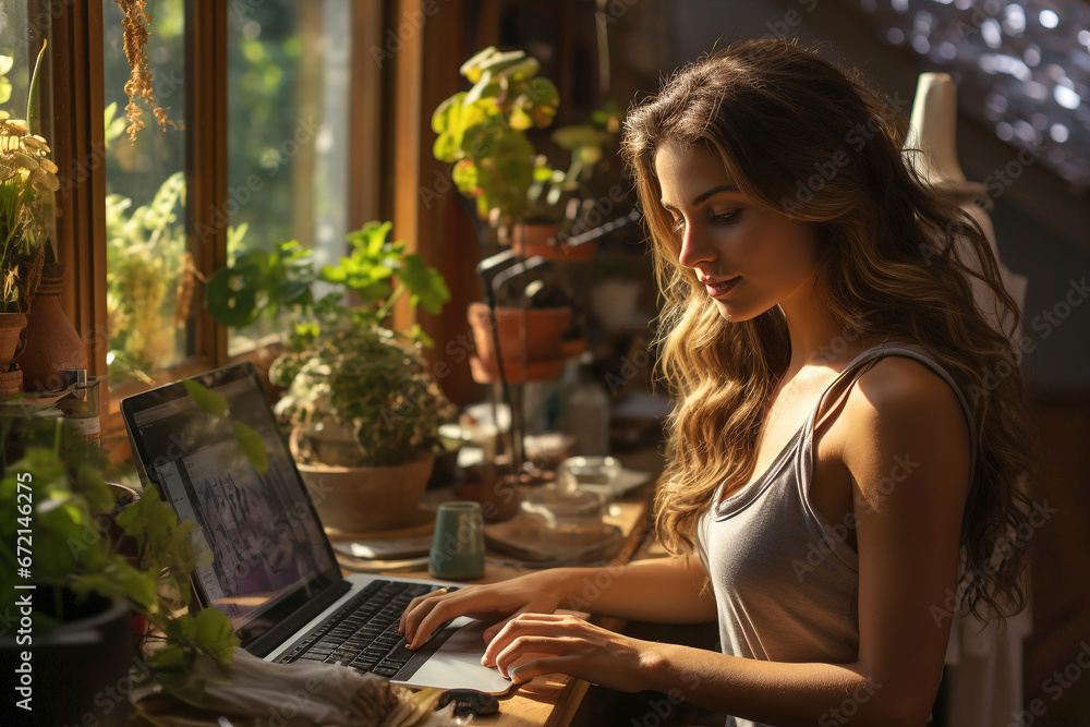 Focused Young Woman Using Laptop at Small Business Office Focused Young Woman Using Laptop at Small Business Office