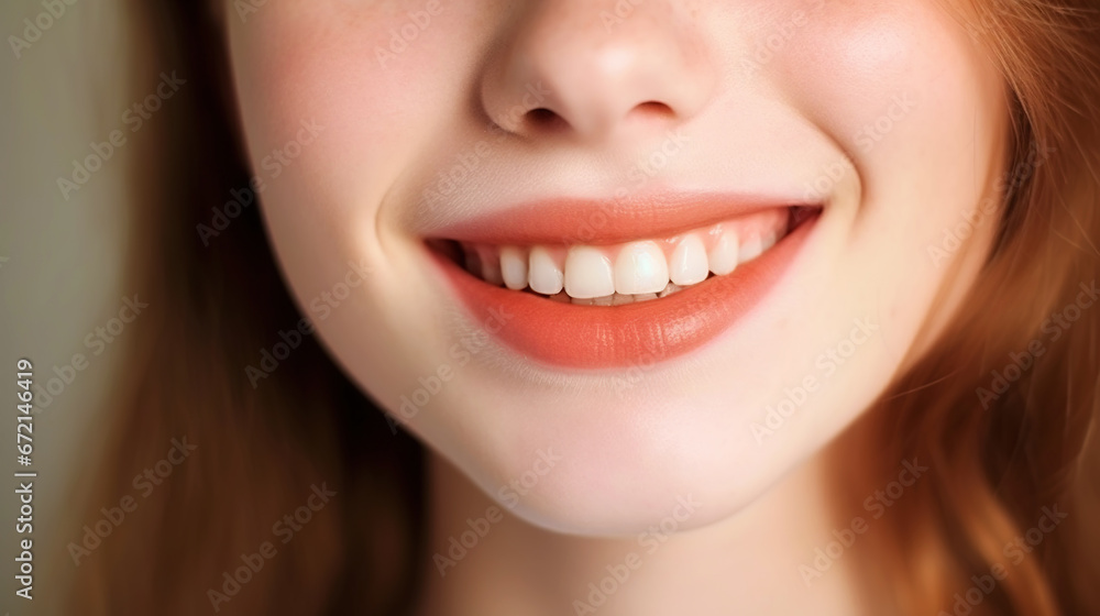 Closeup of beautiful smile of young woman with healthy white teeth. Healthcare concept. Generative AI Closeup of beautiful smile of young woman with healthy white teeth. Healthcare concept. Generative AI