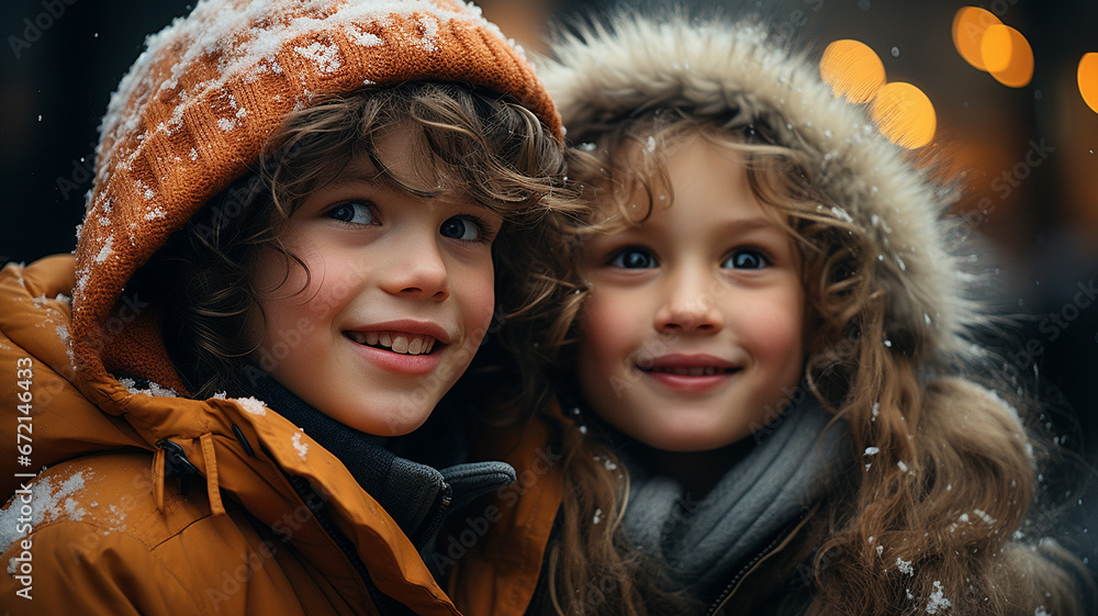 Portrait of two cute kids in warm jackets and hats on winter street Portrait of two cute kids in warm jackets and hats on winter street