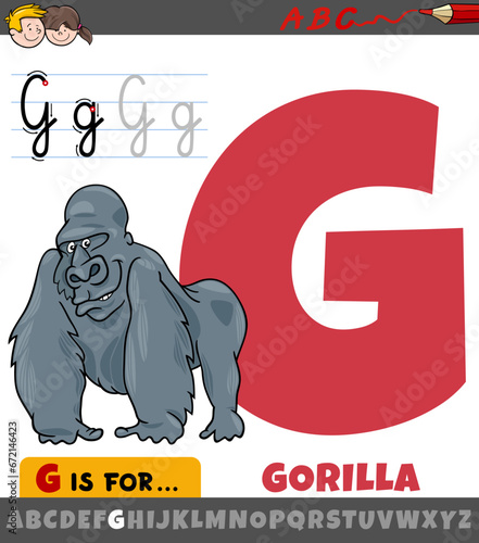 letter G from alphabet with cartoon gorilla animal character