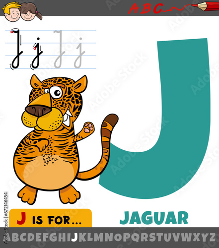 letter J from alphabet with cartoon jaguar animal character
