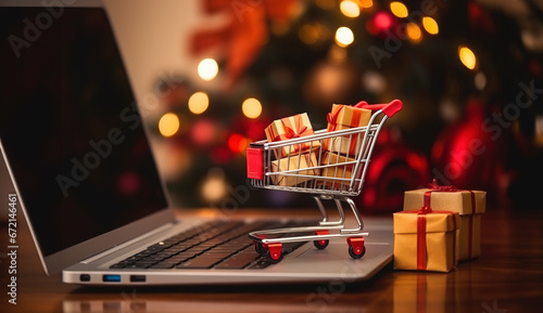 Online Christmas shopping with shopping cart full of presents standing on laptop keyboard