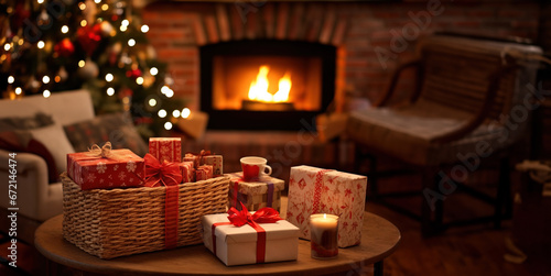 Cozy warm room in Christmas eve with presents on table