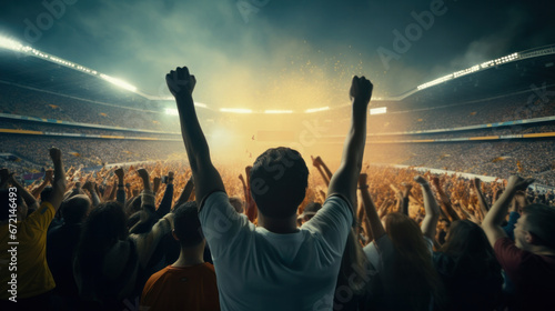 Nighttime Victory Roar: Back View of Euphoric Soccer Fans Cheering in a Packed Stadium. © Ai Studio