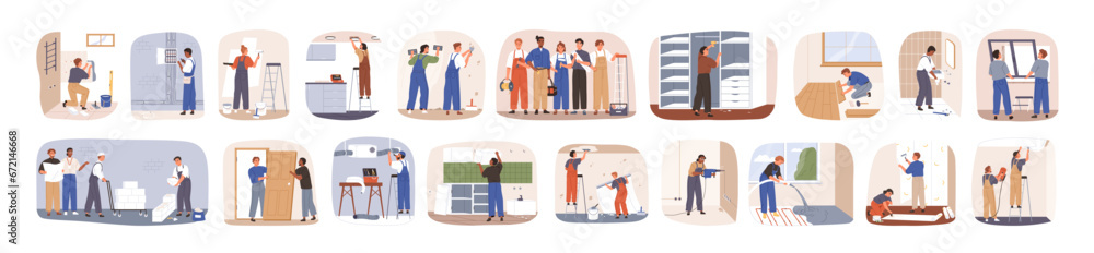 Workers repair home. Repairmen, builders team work in house. Installing window, door, building walls in apartment under renovation. Flat graphic vector illustrations set isolated on white background