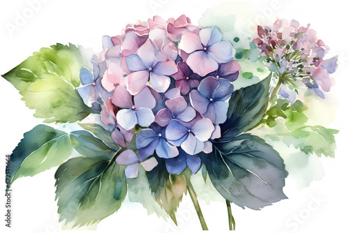 Watercolor hydrangea, lilac, hortensia on a white background. AI generated illustration.